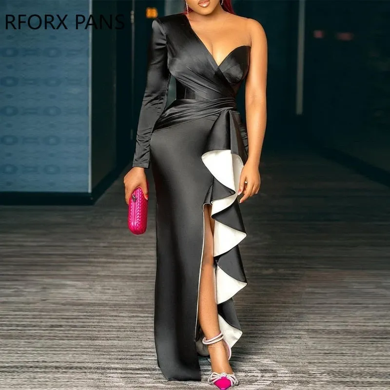 Women Formal Elegant Ruffles Black Dress