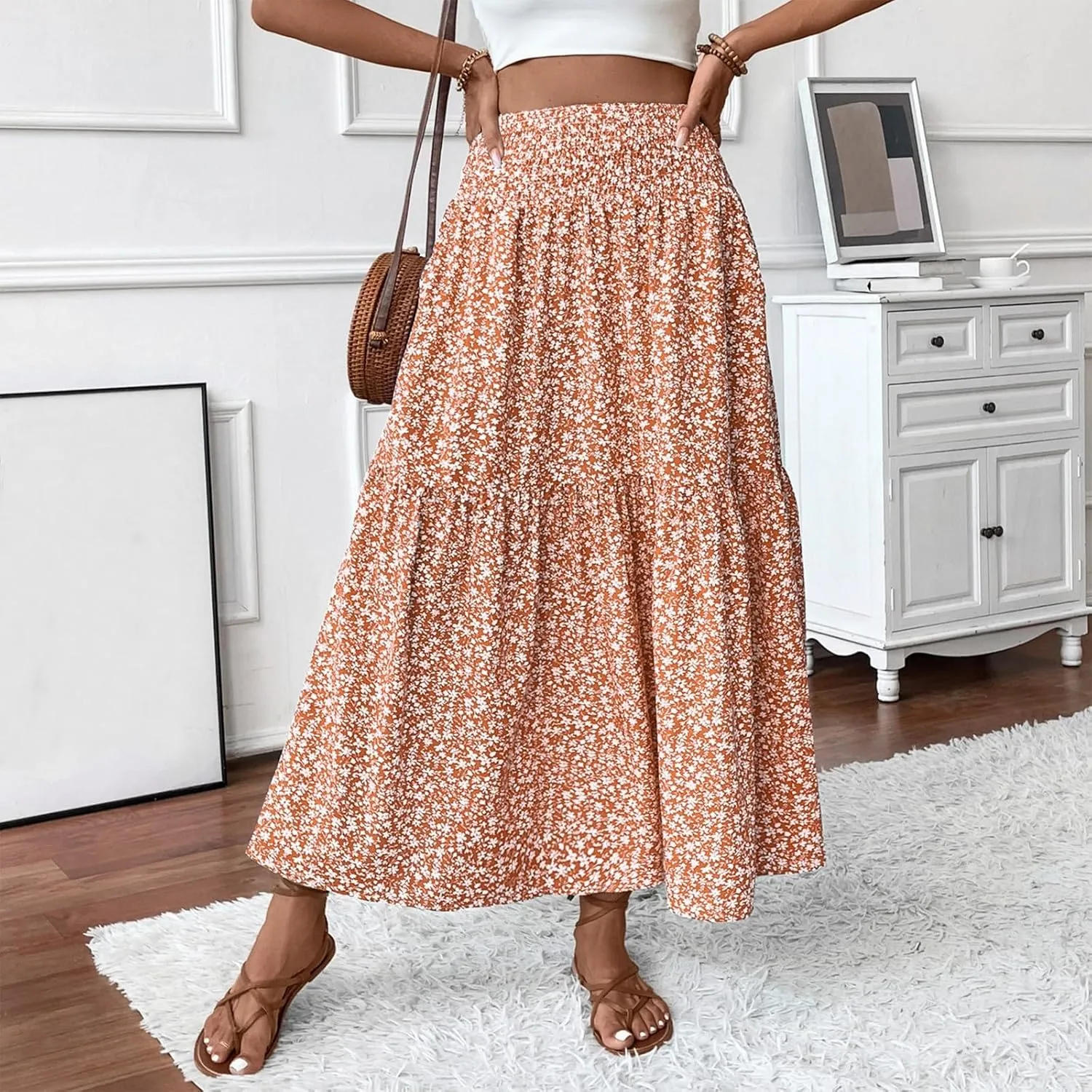 Womens Boho Maxi Skirt Summer 2025 Floral Print Long Skirts Fashion Smocked High Waisted Maxi Skirts with Pockets