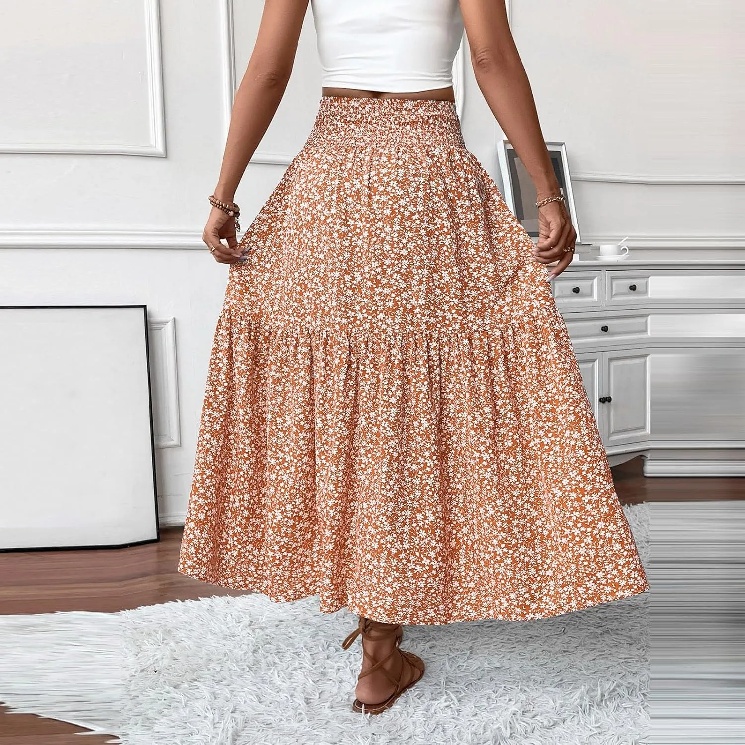 Womens Boho Maxi Skirt Summer 2025 Floral Print Long Skirts Fashion Smocked High Waisted Maxi Skirts with Pockets