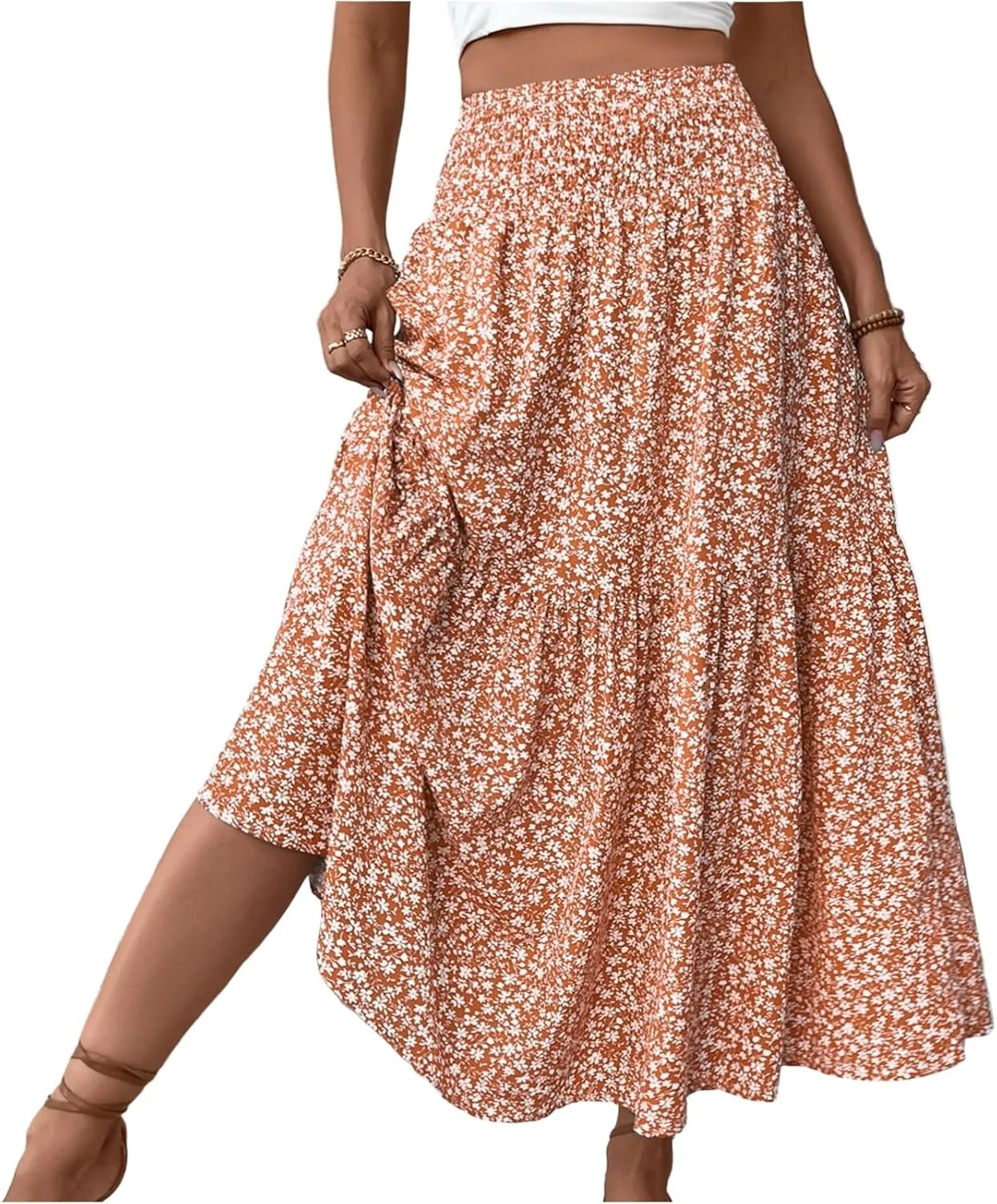 Womens Boho Maxi Skirt Summer 2025 Floral Print Long Skirts Fashion Smocked High Waisted Maxi Skirts with Pockets