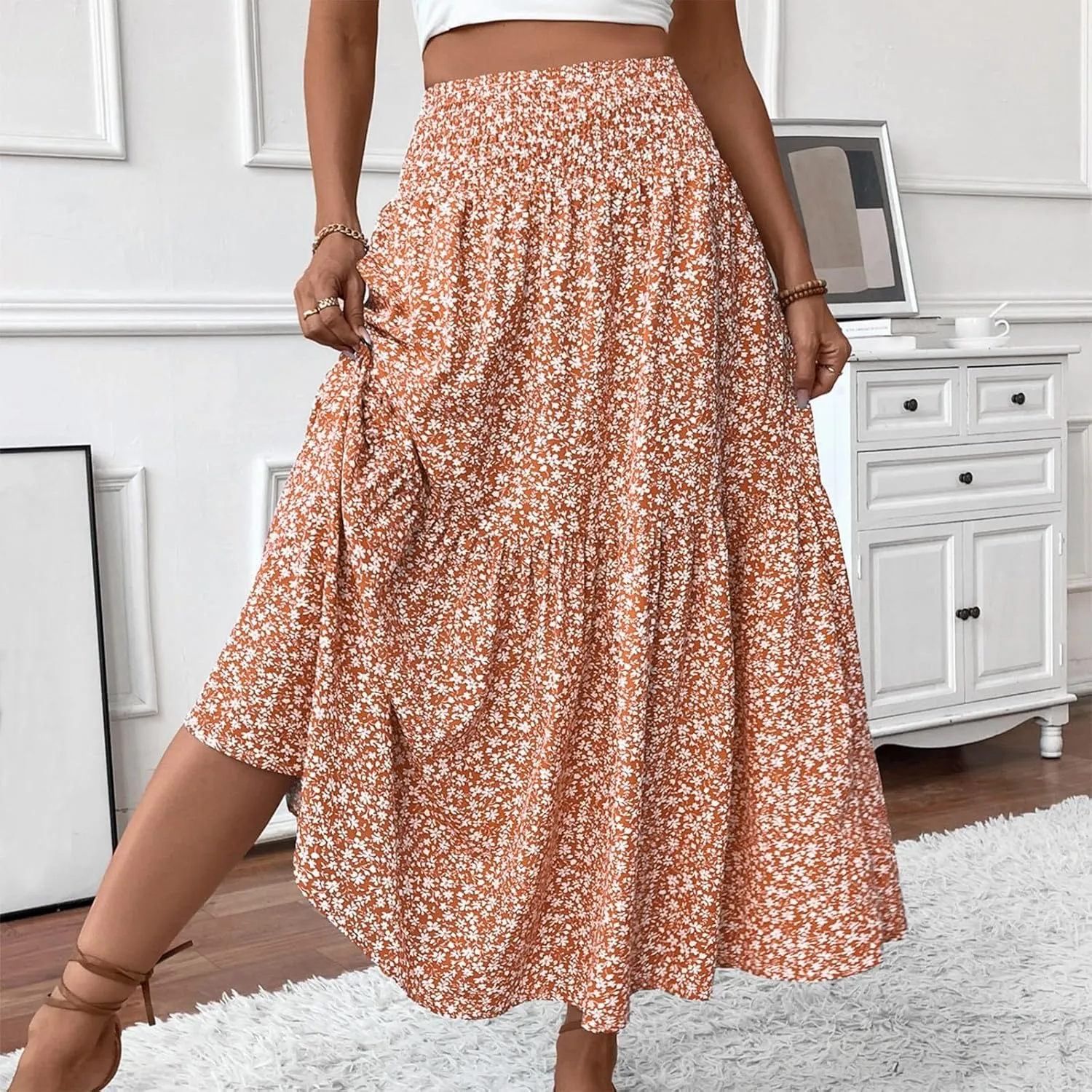 Womens Boho Maxi Skirt Summer 2025 Floral Print Long Skirts Fashion Smocked High Waisted Maxi Skirts with Pockets