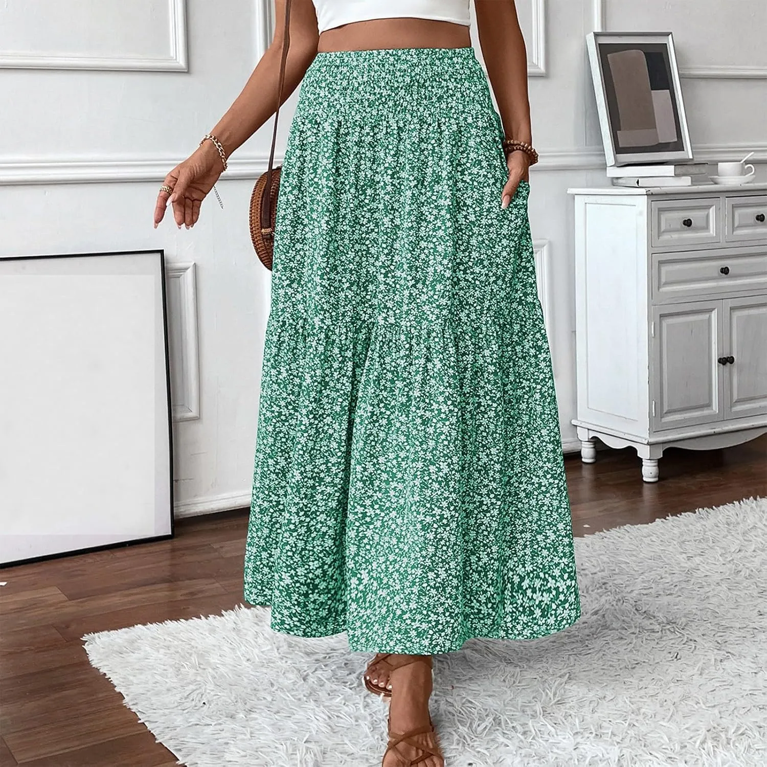 Womens Boho Maxi Skirt Summer 2025 Floral Print Long Skirts Fashion Smocked High Waisted Maxi Skirts with Pockets