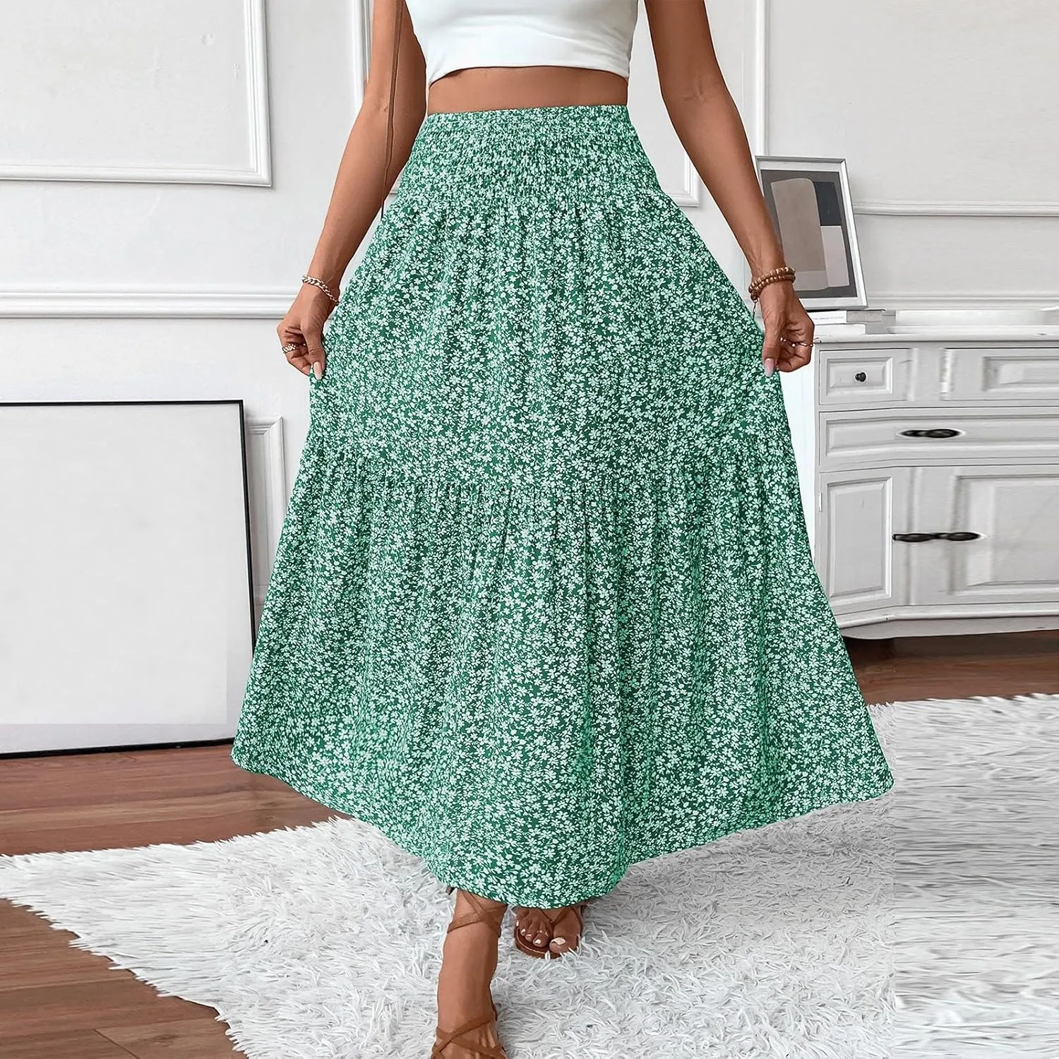 Womens Boho Maxi Skirt Summer 2025 Floral Print Long Skirts Fashion Smocked High Waisted Maxi Skirts with Pockets