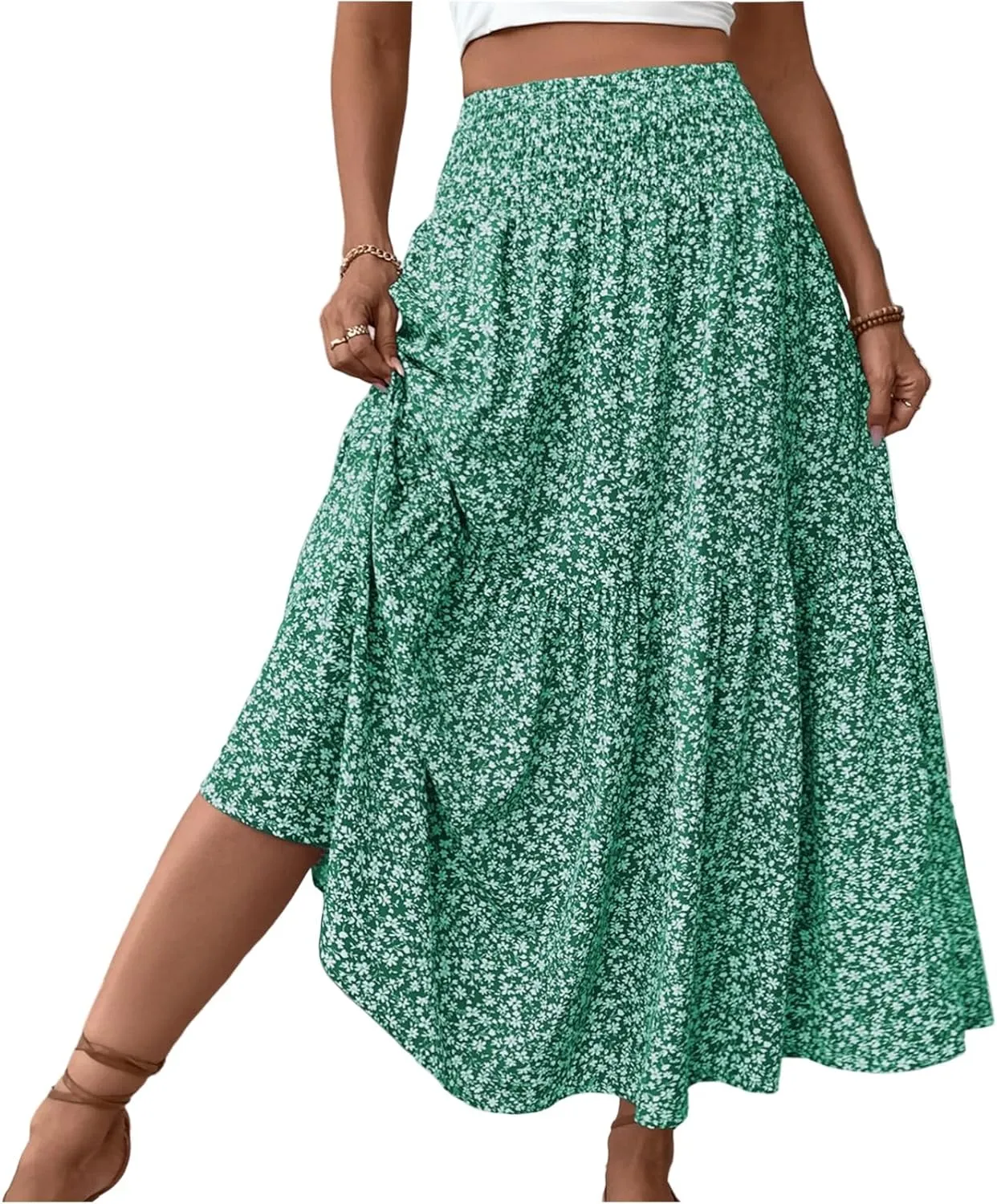 Womens Boho Maxi Skirt Summer 2025 Floral Print Long Skirts Fashion Smocked High Waisted Maxi Skirts with Pockets