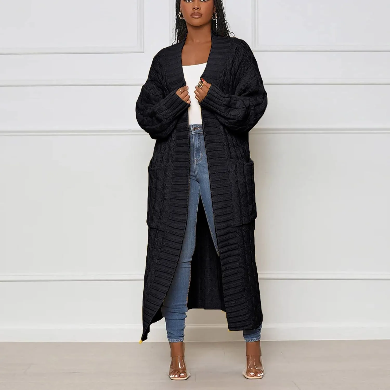 Women's Fall Winter Casual Trendy Loose Long Sleeve Solid Knit Sweater Jacket