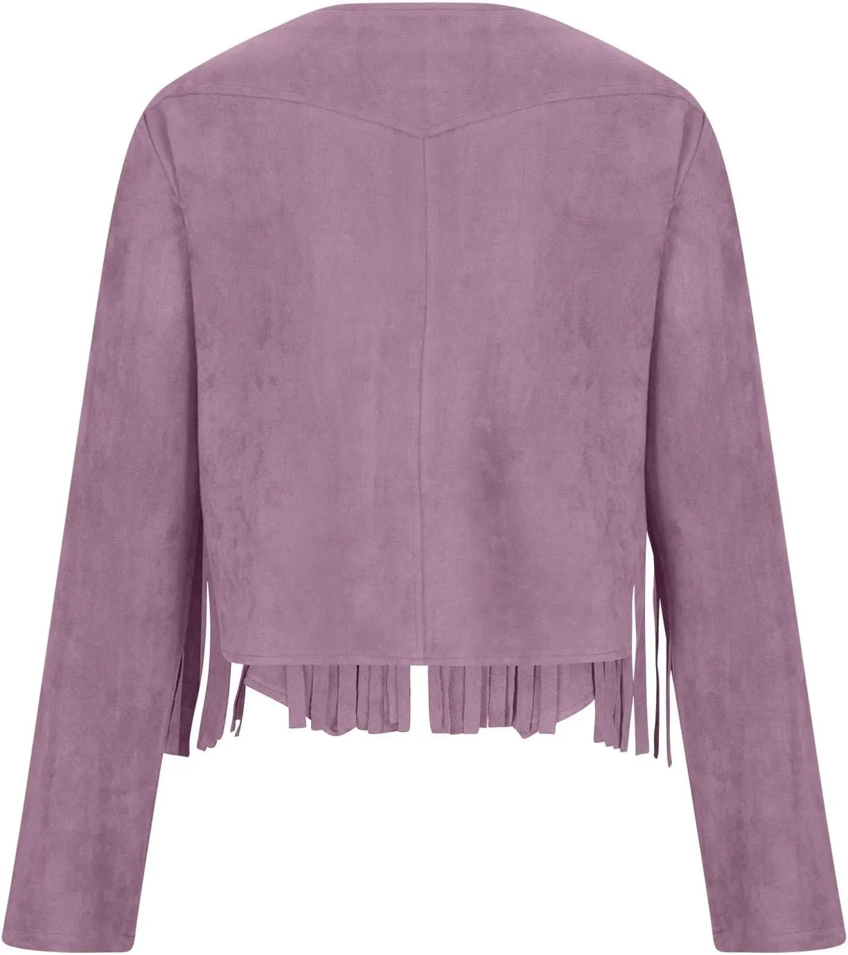 Women's Fringe Faux Suede Leather Jackets Casual Fashion Tassel Motorcycle Cropped Coats Long Sleeve Collarless Jacket