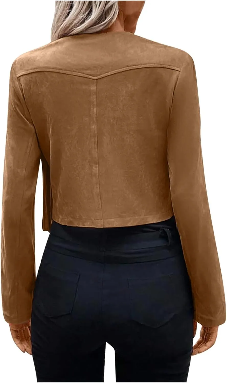Women's Fringe Faux Suede Leather Jackets Casual Fashion Tassel Motorcycle Cropped Coats Long Sleeve Collarless Jacket