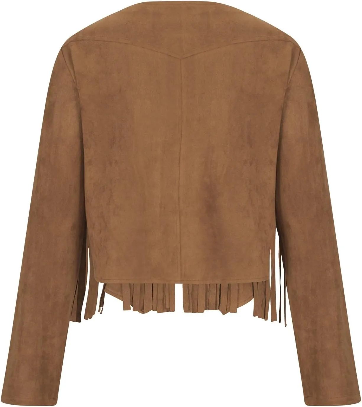 Women's Fringe Faux Suede Leather Jackets Casual Fashion Tassel Motorcycle Cropped Coats Long Sleeve Collarless Jacket