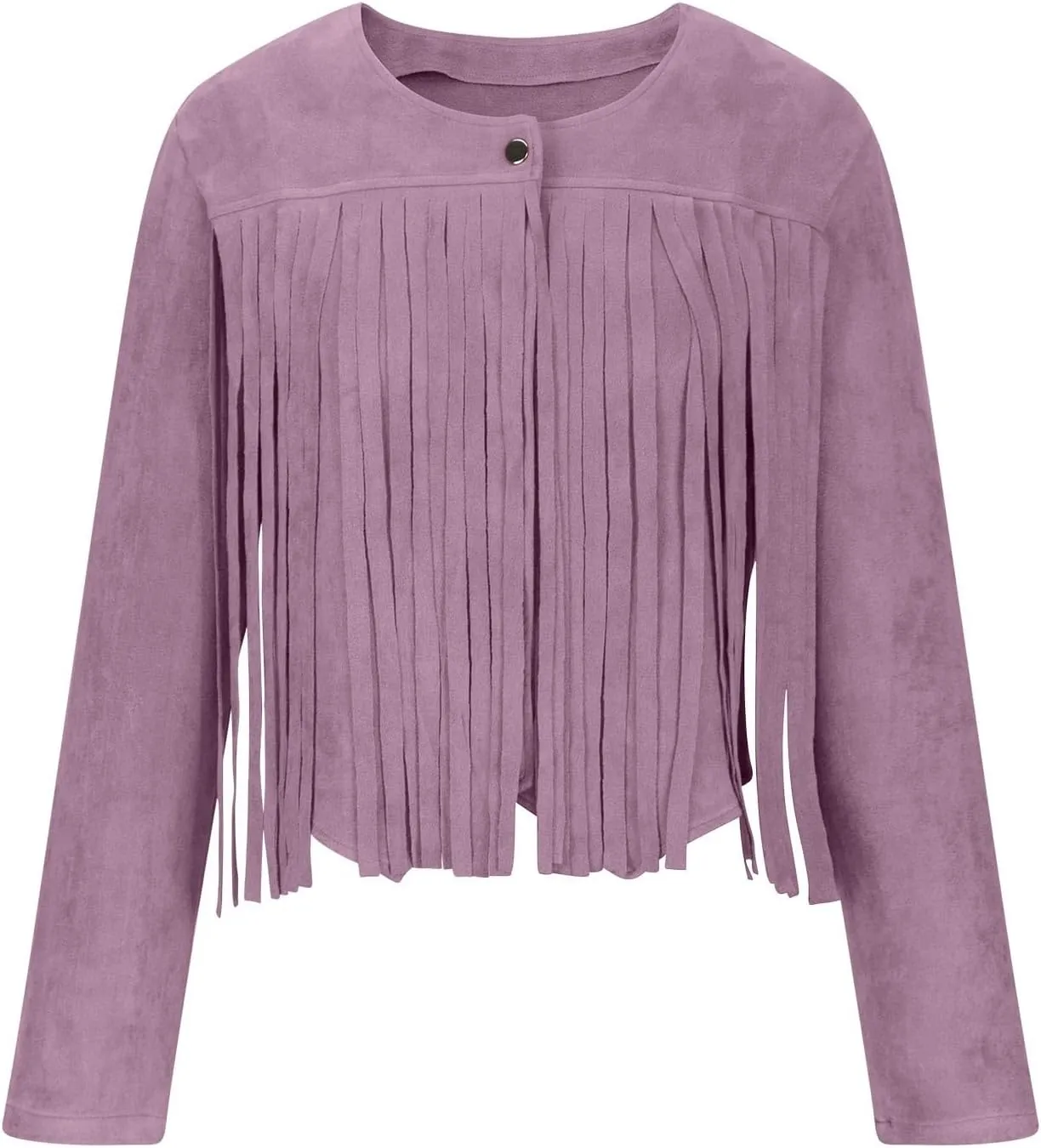 Women's Fringe Faux Suede Leather Jackets Casual Fashion Tassel Motorcycle Cropped Coats Long Sleeve Collarless Jacket