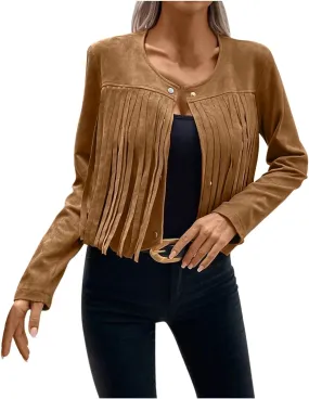 Women's Fringe Faux Suede Leather Jackets Casual Fashion Tassel Motorcycle Cropped Coats Long Sleeve Collarless Jacket
