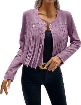 Women's Fringe Faux Suede Leather Jackets Casual Fashion Tassel Motorcycle Cropped Coats Long Sleeve Collarless Jacket