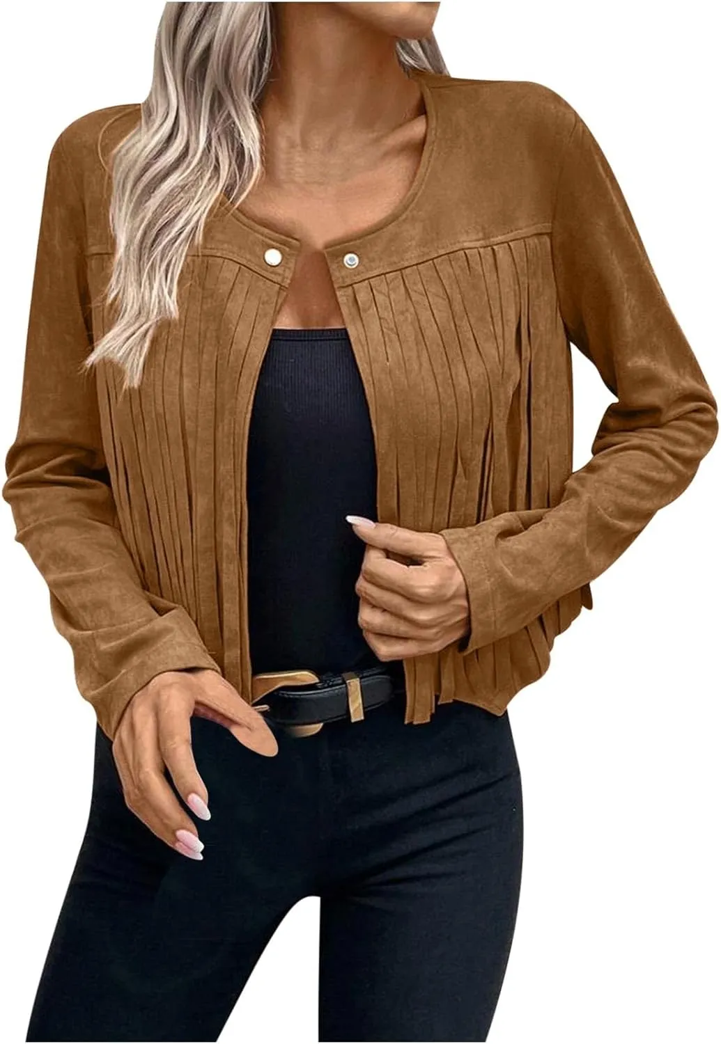 Women's Fringe Faux Suede Leather Jackets Casual Fashion Tassel Motorcycle Cropped Coats Long Sleeve Collarless Jacket
