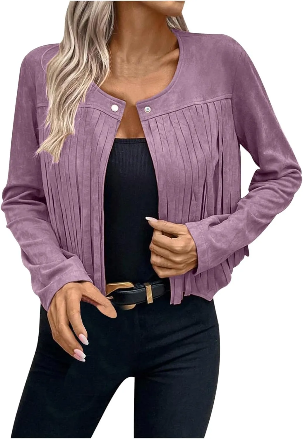 Women's Fringe Faux Suede Leather Jackets Casual Fashion Tassel Motorcycle Cropped Coats Long Sleeve Collarless Jacket