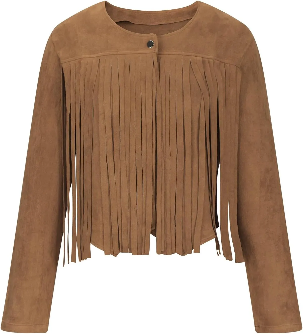 Women's Fringe Faux Suede Leather Jackets Casual Fashion Tassel Motorcycle Cropped Coats Long Sleeve Collarless Jacket