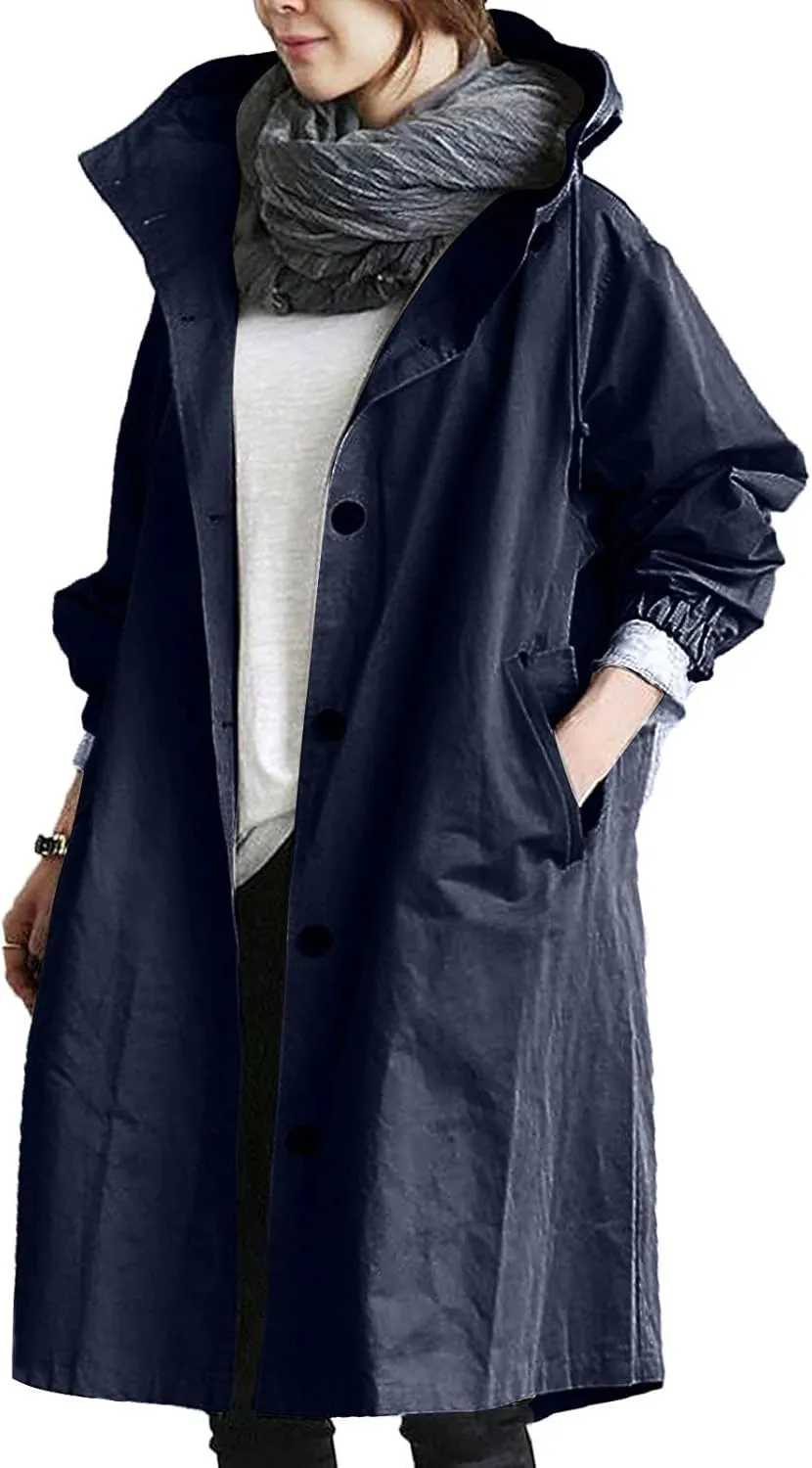 Women's Hooded Trenchcoat Windbreaker Plus Size Windproof Waterproof Long Jackets Raincoats for Women with Hood