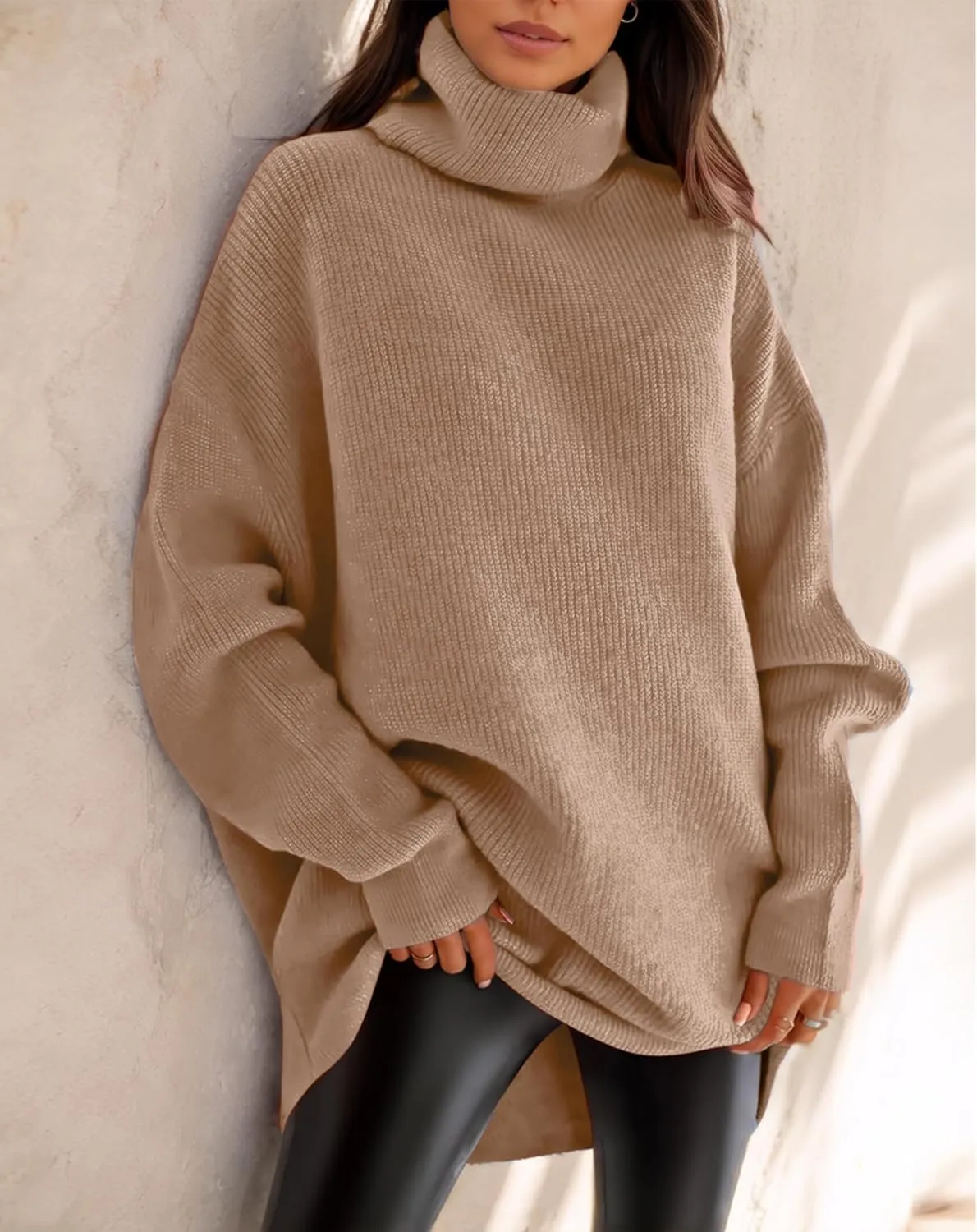 Womens Oversized Turtleneck Sweaters Batwing Long Sleeve Casual Baggy Knit Pullover Tunic Sweater 2024 Fall Outfits