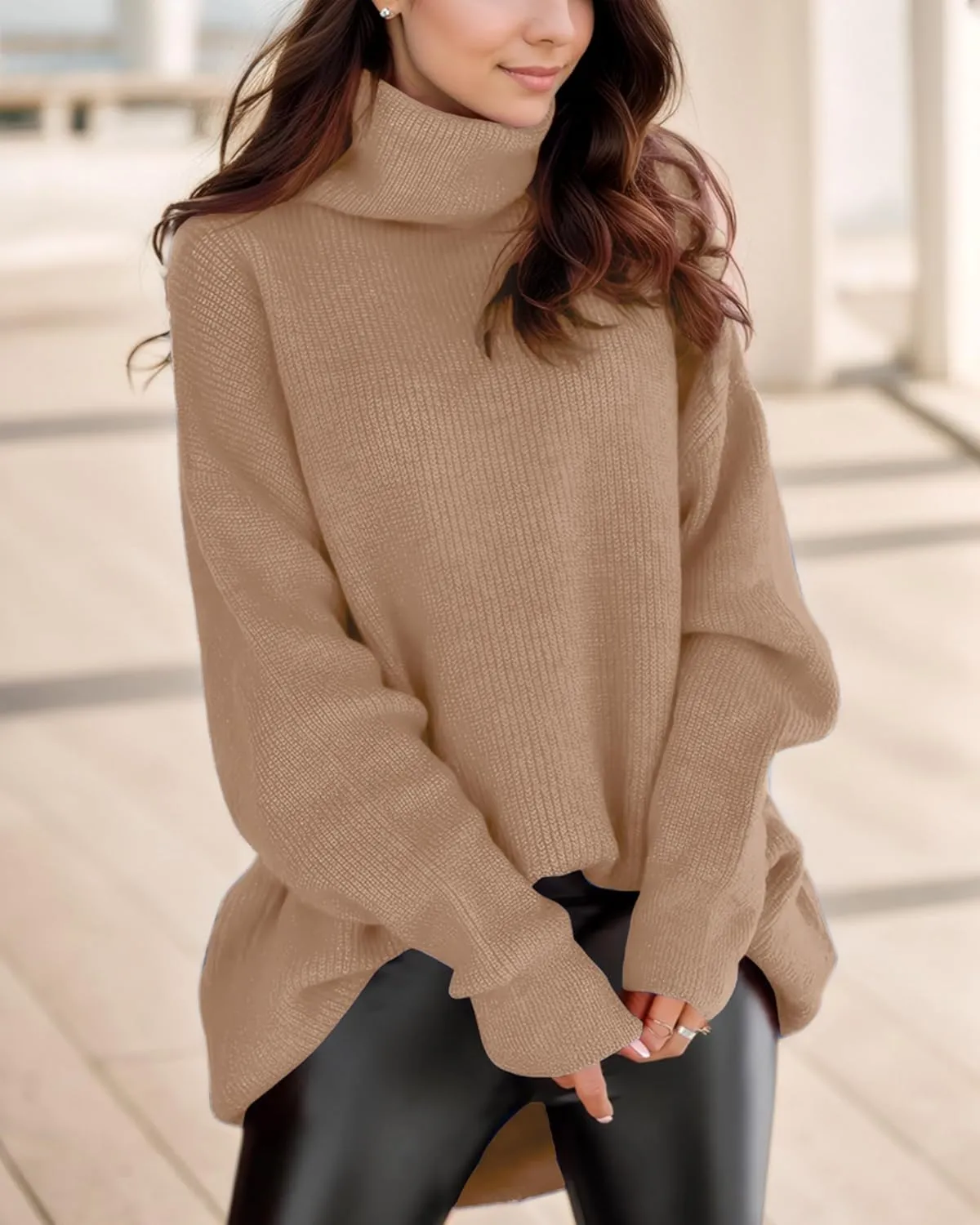Womens Oversized Turtleneck Sweaters Batwing Long Sleeve Casual Baggy Knit Pullover Tunic Sweater 2024 Fall Outfits