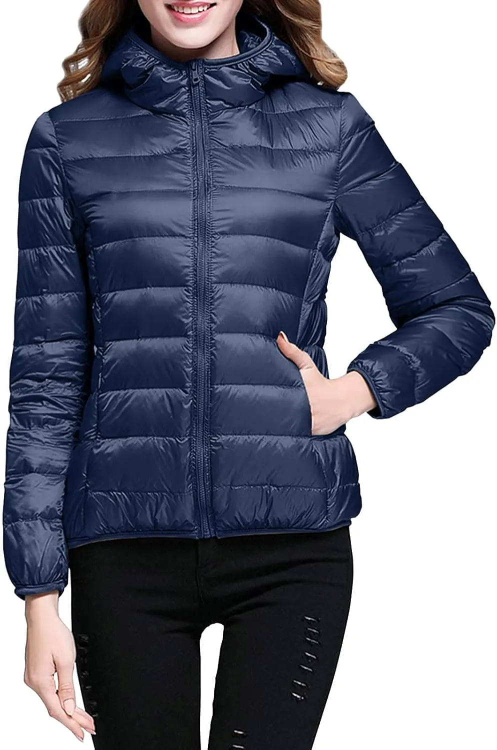 Womens Puffer Jacket Packable Winter Down Jacket Lightweight Slim Fit Hooded Jacket Short Down Coat Warm Long Coat