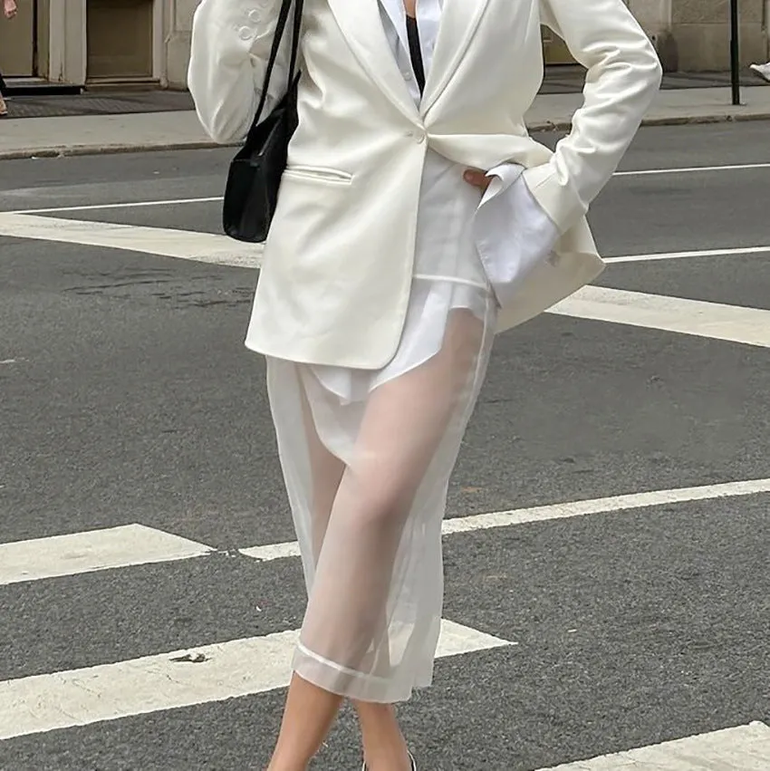 Women’s Sheer White Mesh High-Waisted Loose Straight Skirt