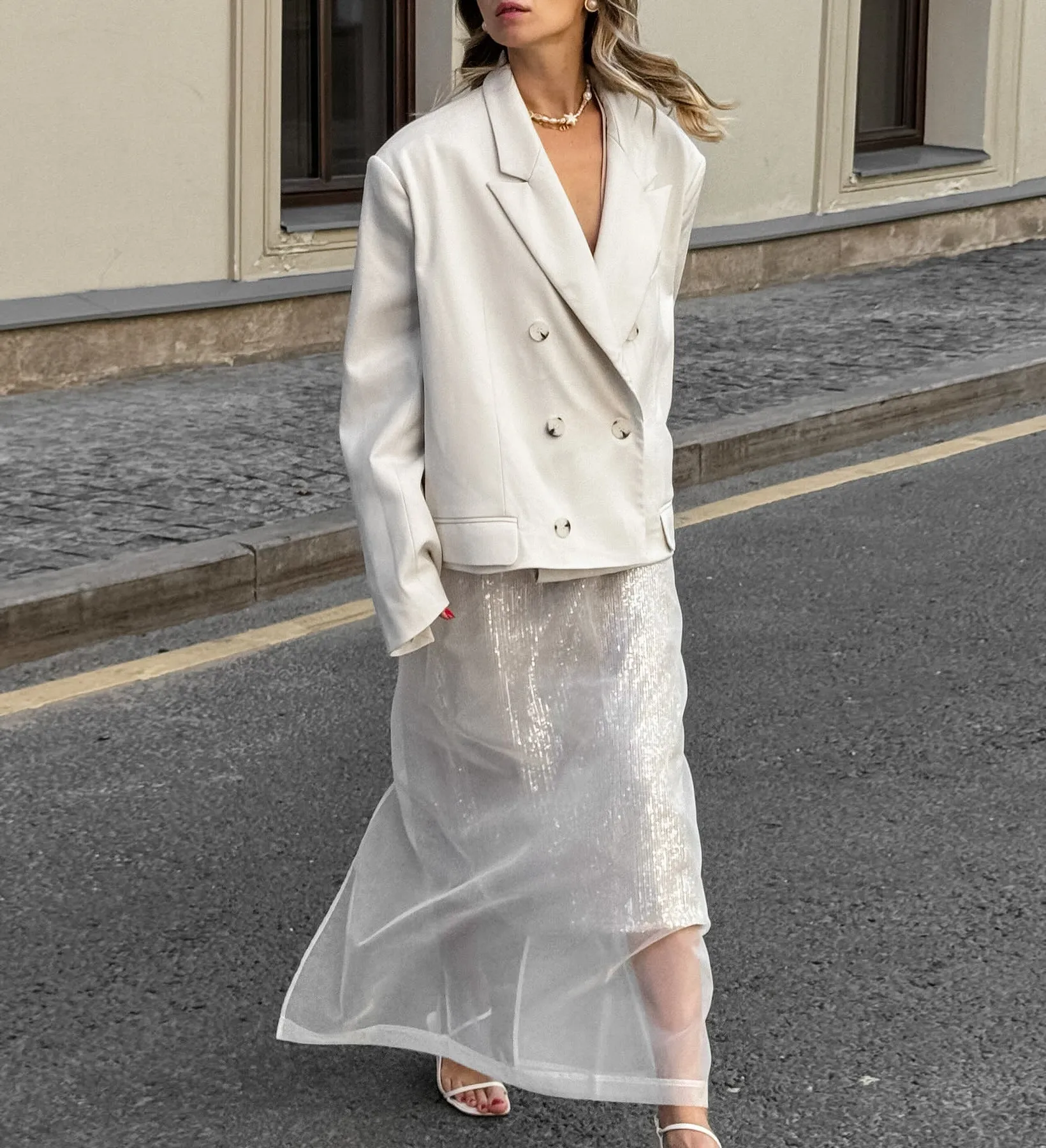Women’s Sheer White Mesh High-Waisted Loose Straight Skirt