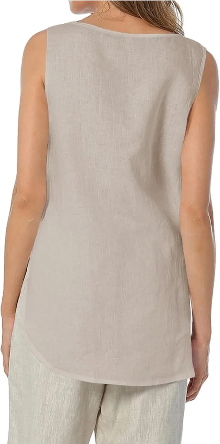 Womens Summer Casual Natural Linen Sleeveless Tank Tops Basic Lightweight Crewneck Blouse Shirts Layering Tee