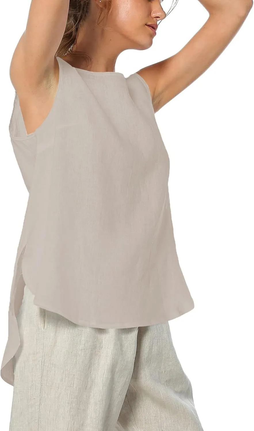 Womens Summer Casual Natural Linen Sleeveless Tank Tops Basic Lightweight Crewneck Blouse Shirts Layering Tee