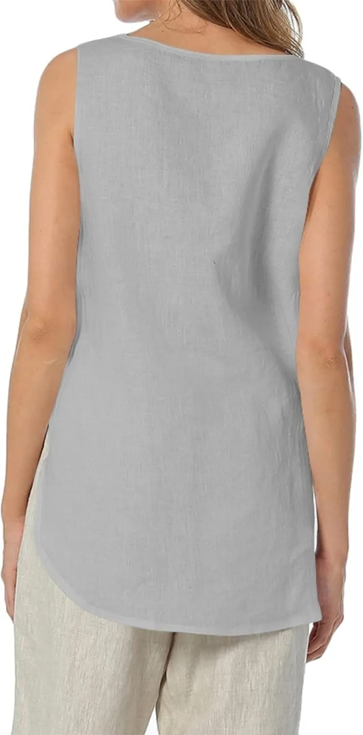 Womens Summer Casual Natural Linen Sleeveless Tank Tops Basic Lightweight Crewneck Blouse Shirts Layering Tee