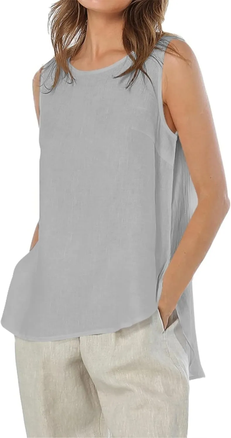 Womens Summer Casual Natural Linen Sleeveless Tank Tops Basic Lightweight Crewneck Blouse Shirts Layering Tee