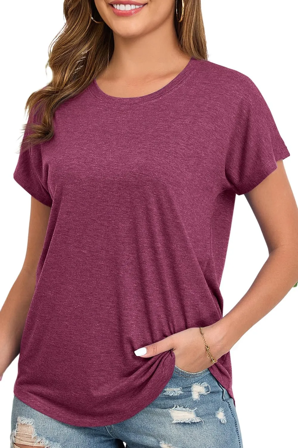 Womens Summer Short Sleeve Tops High Low Loose Casual Basic T-Shirt