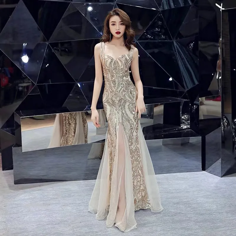 Women's Toast Bridal Fishtail Long Sleeveless Sequin Sling Dress