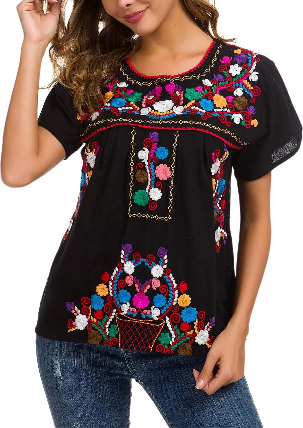 YZXDORWJ Women's Embroidered Mexican Peasant Blouse Mexico Summer Shirt Short Sleeve