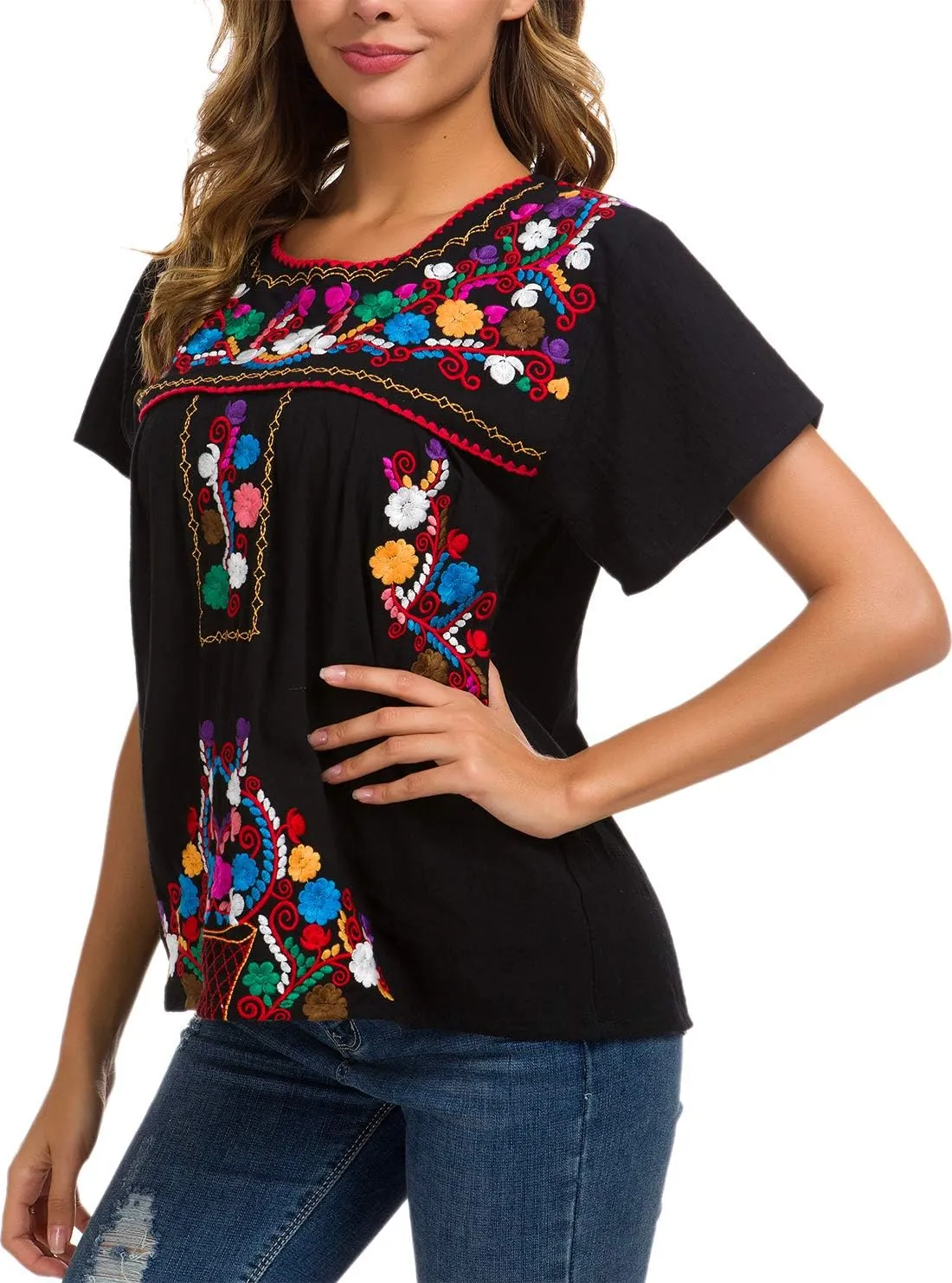 YZXDORWJ Women's Embroidered Mexican Peasant Blouse Mexico Summer Shirt Short Sleeve