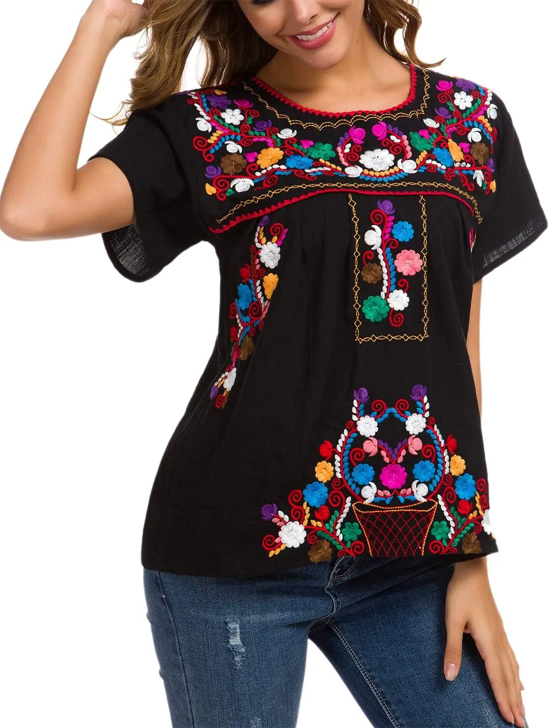 YZXDORWJ Women's Embroidered Mexican Peasant Blouse Mexico Summer Shirt Short Sleeve