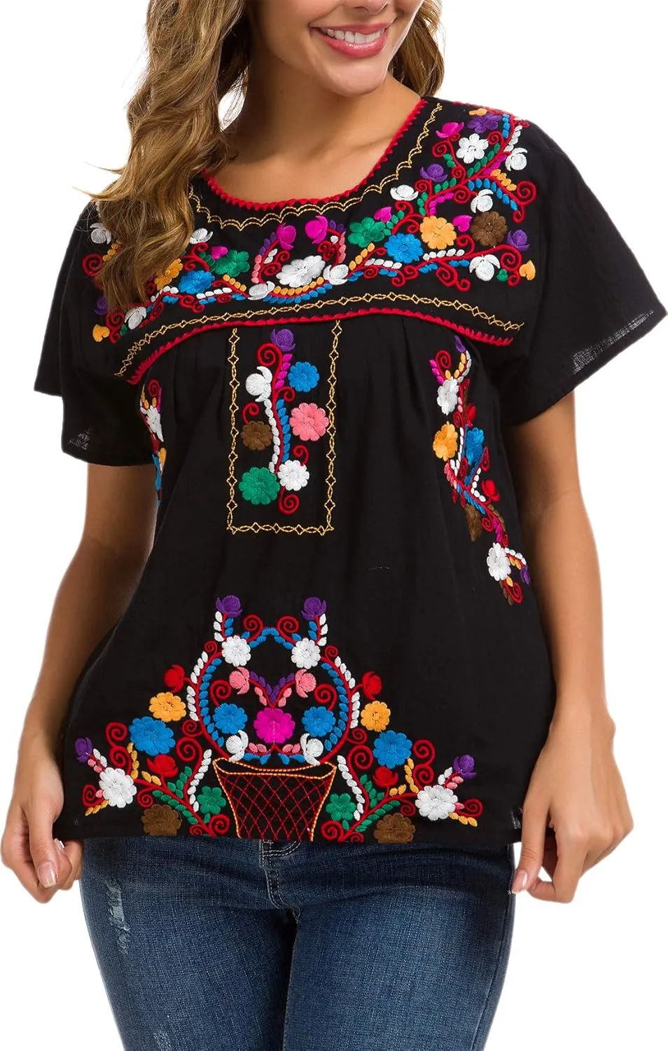 YZXDORWJ Women's Embroidered Mexican Peasant Blouse Mexico Summer Shirt Short Sleeve