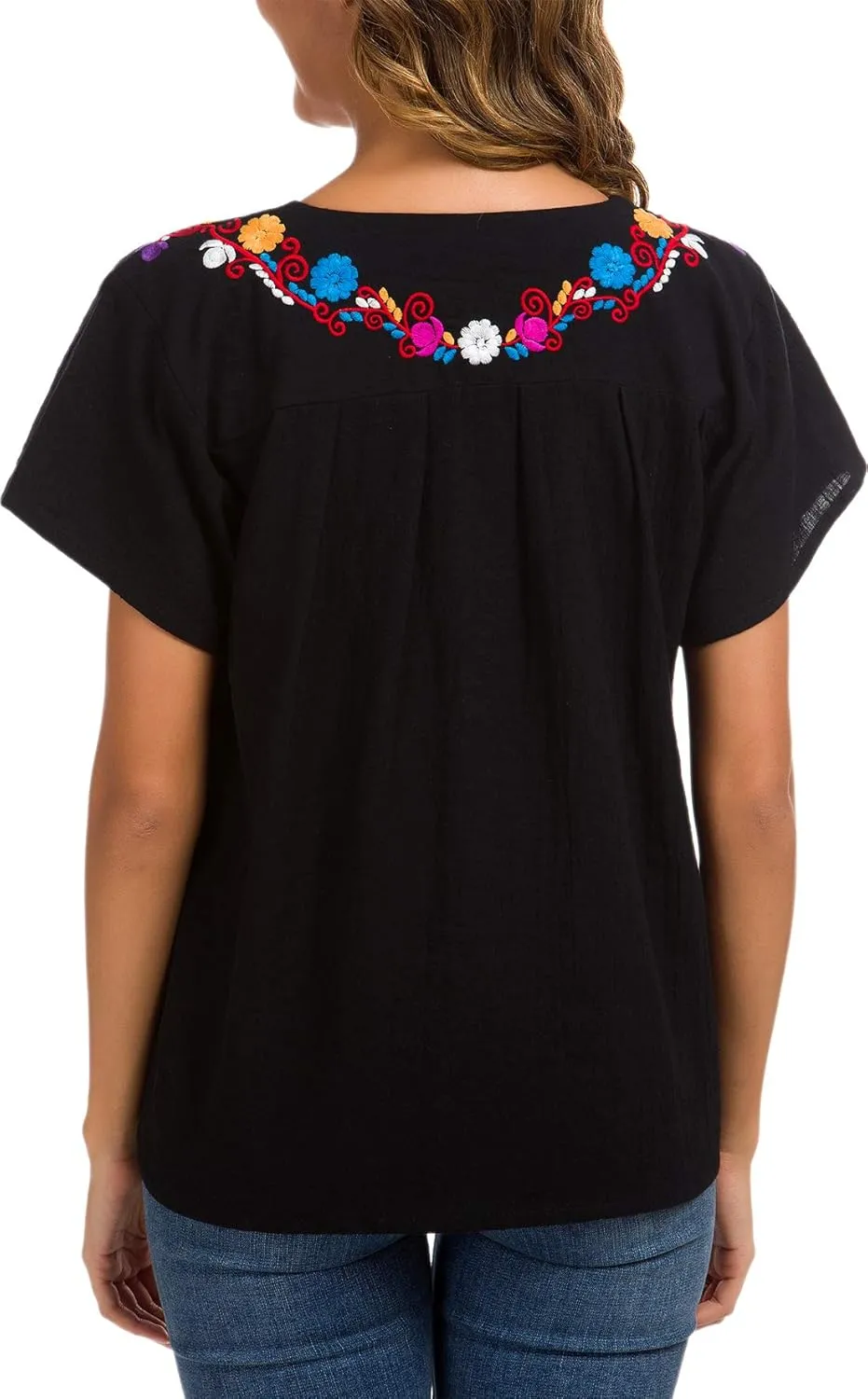 YZXDORWJ Women's Embroidered Mexican Peasant Blouse Mexico Summer Shirt Short Sleeve