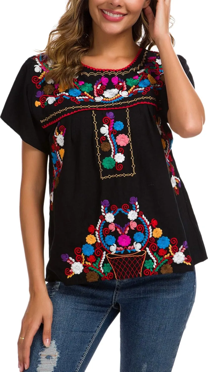 YZXDORWJ Women's Embroidered Mexican Peasant Blouse Mexico Summer Shirt Short Sleeve