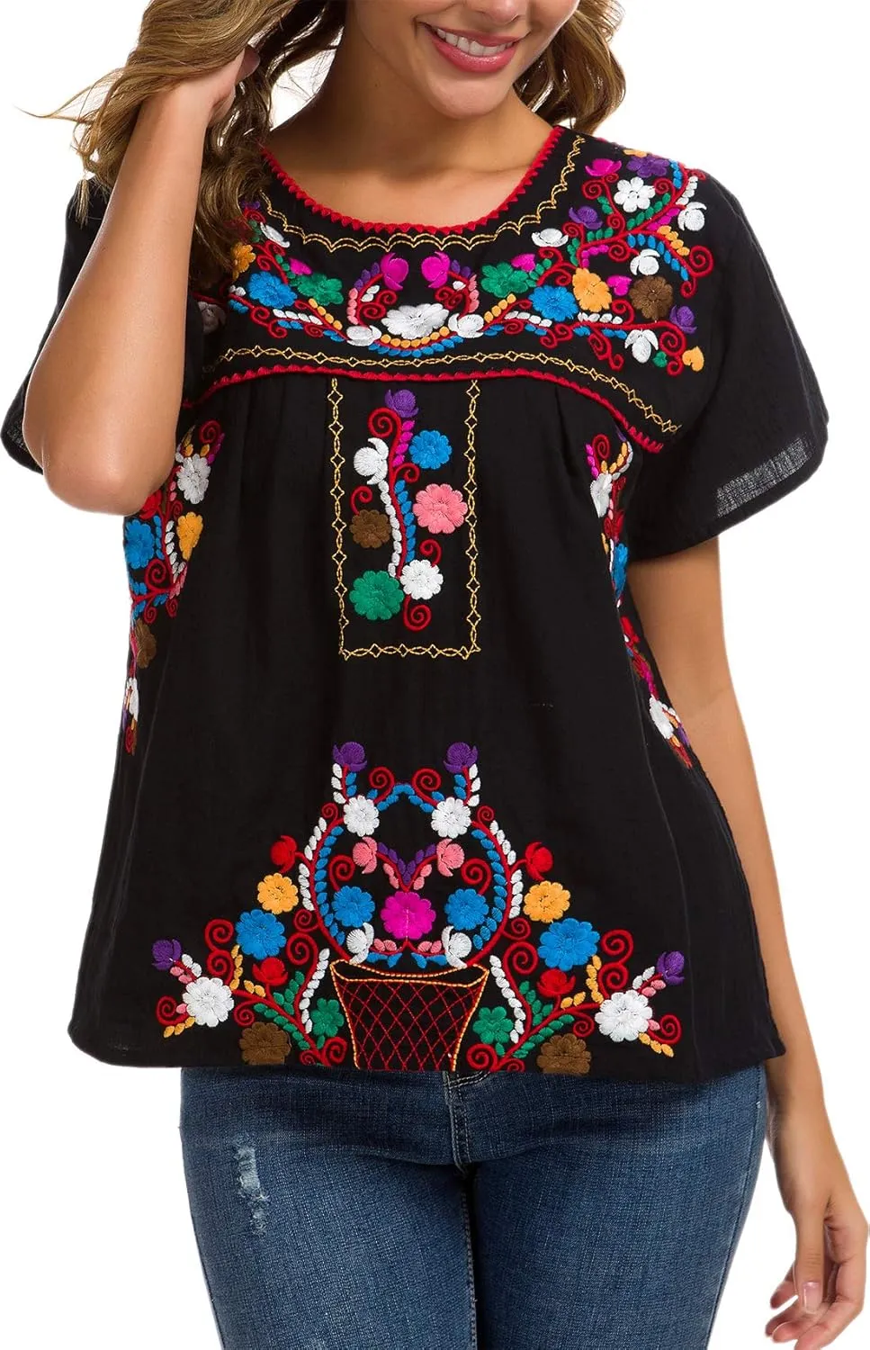 YZXDORWJ Women's Embroidered Mexican Peasant Blouse Mexico Summer Shirt Short Sleeve