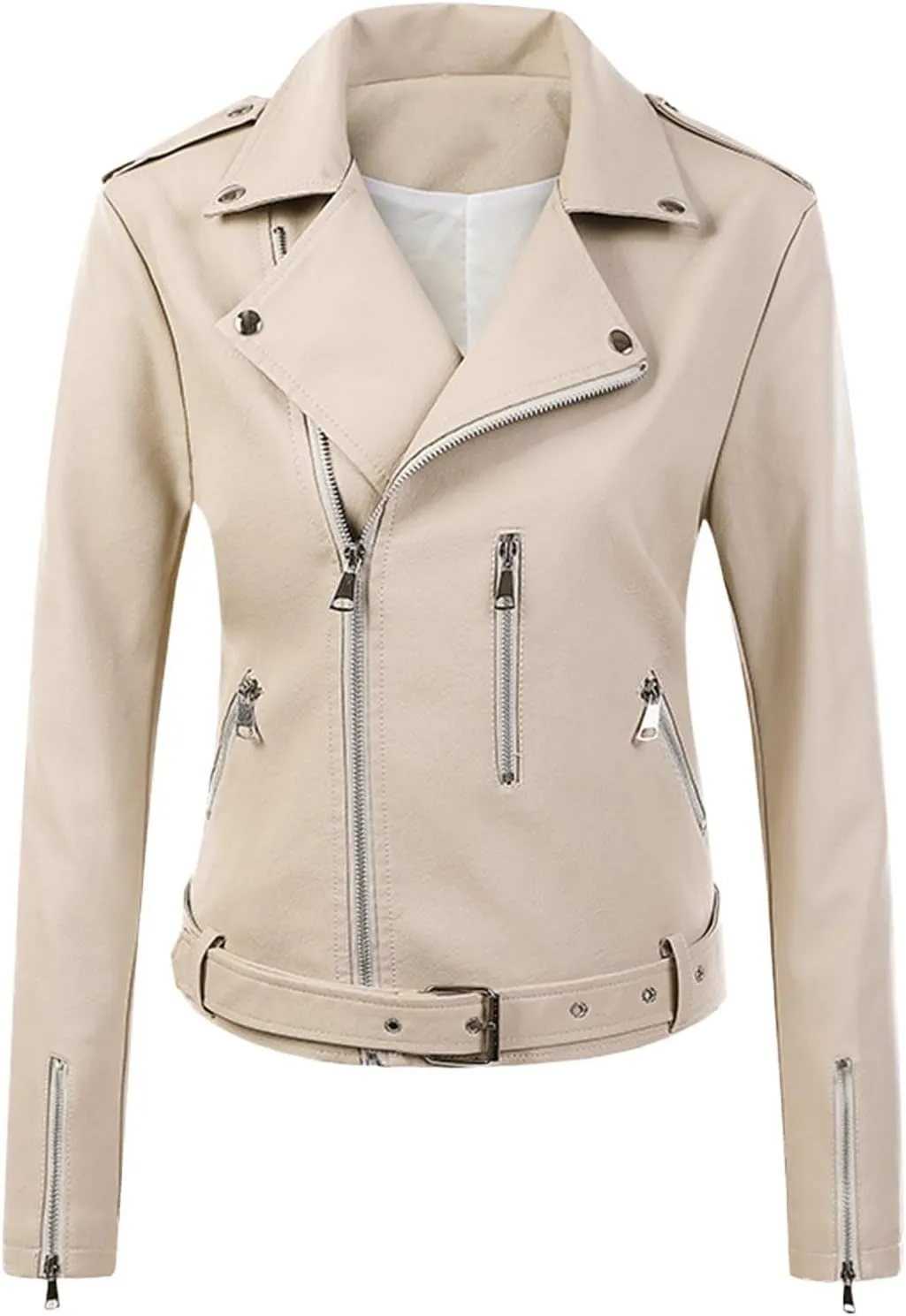 ZYXTIM Women's Classic Vintage Faux Leather Motorcycle Jacket Stylish Notched Collar Oblique Zipper Shacket Jacket