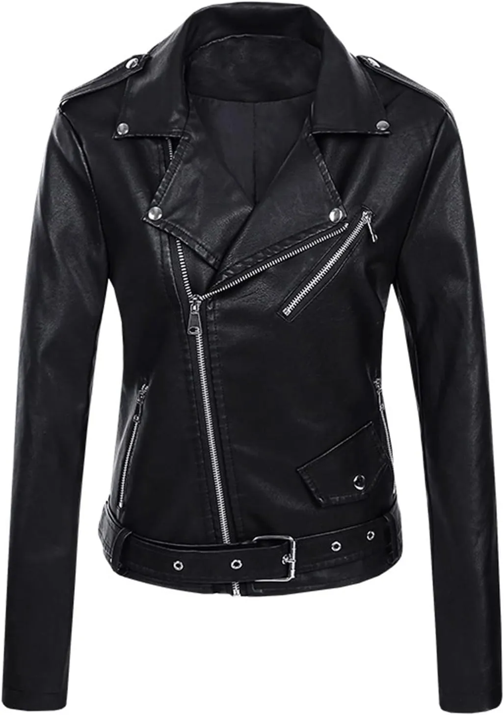 ZYXTIM Women's Classic Vintage Faux Leather Motorcycle Jacket Stylish Notched Collar Oblique Zipper Shacket Jacket